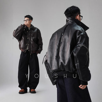 Yimai White Goose down Zipper Sleeve Workwear Motorcycle Leather Jacket down Jacket Men's Winter 2025 New Retro Jacket Trend