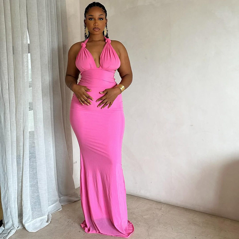 Elegant Womens Bodycon Dress Halter Neck Sleeveless Solid Color Backless Design Perfect for Parties and Events