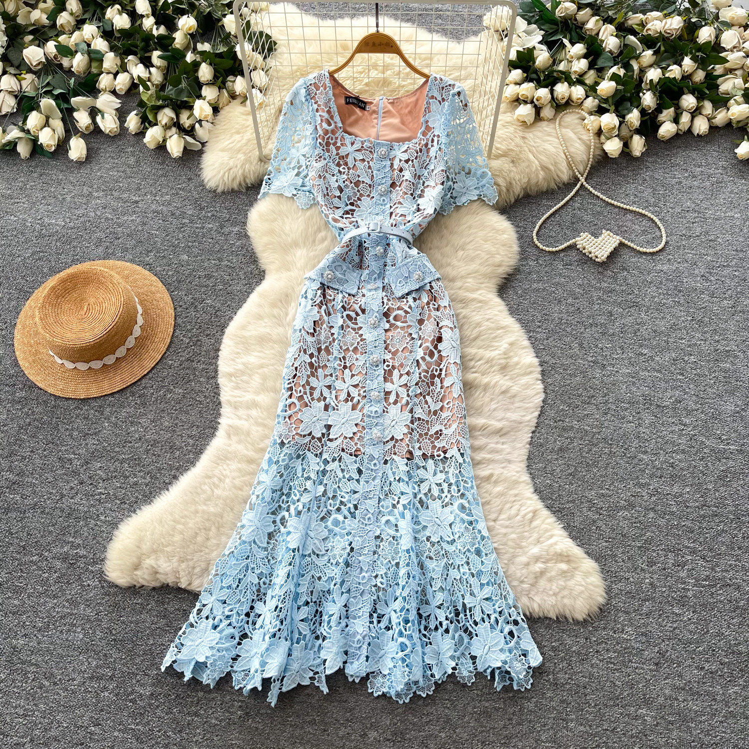 French Elegant Lace Hollow Out Maxi Dress for Women Summer Slim Fit Pink Office Wear Comfortable Fabric Wholesale