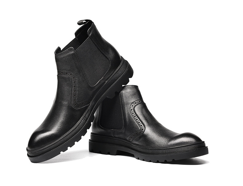 Boot Chelsea nam cổ trung da bò mềm lót nhung giữ ấm mũi tròn — Màu đen, Màu đen lót nhung, Màu xám nhạt