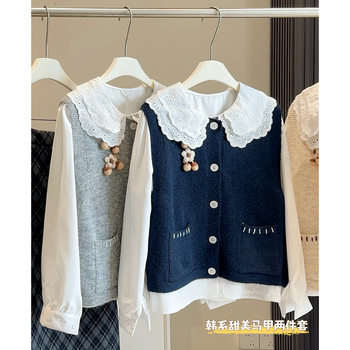 Three-Dimensional Flower Age-Reducing Slimming Look Versatile Layered Knitted Vest + Doll Collar Shirt Women's 25 Autumn and Winter Fashion Suit