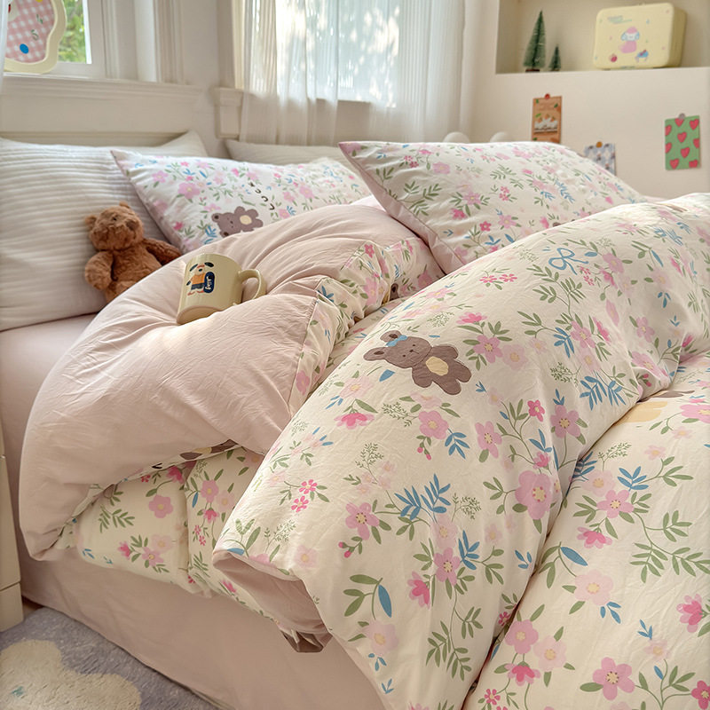 Class a Bed Four-Piece Set Pure Washed Cotton Spring and Summer Bed Bed Sheets Quilt Cover Student Dormitory Fitted Bed Sheets 4 Three-Piece Set Wholesale