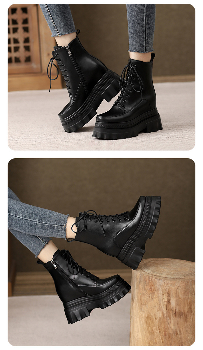 Boot Martin nữ đế dày tăng chiều cao 10cm, cổ thấp gót nêm da bò thật — Lớp lót đơn màu đen, Lớp lót đơn màu nâu sẫm, Lớp lót nhung đen, Lớp lót nhung màu nâu sẫm