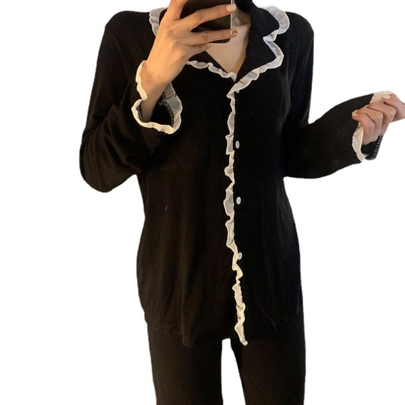 ins网红花边长袖简约黑春秋季长袖长裤开衫睡衣女甜美宽松家居服