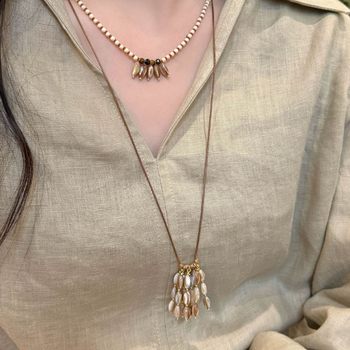 French Retro Niche Design Natural Shell Beads Tassel Pendant Wax Rope Necklace Stacked Beaded Necklace Women's Necklace