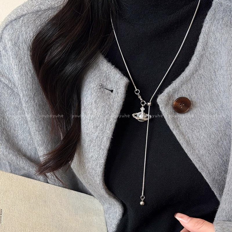 2024 New Style Pearl Saturn Pendant Necklace Advanced Sense Pull-out Adjustable Autumn and Winter Titanium Steel Woolen Chain Accessories for Women