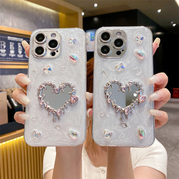 High-end Light Luxury Flash Diamond Love Mirror Butterfly for Apple 16promax Phone Case iPhone15 New 14