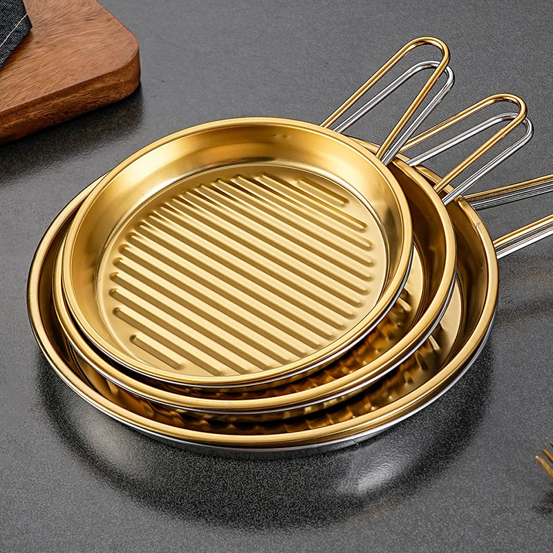 Double-Eared Stainless Steel Pizza Plate Korean Seafood Plate Single-Handle Round Baking Pan Snack Plate Fried Chicken Plate French Fries Plate Home