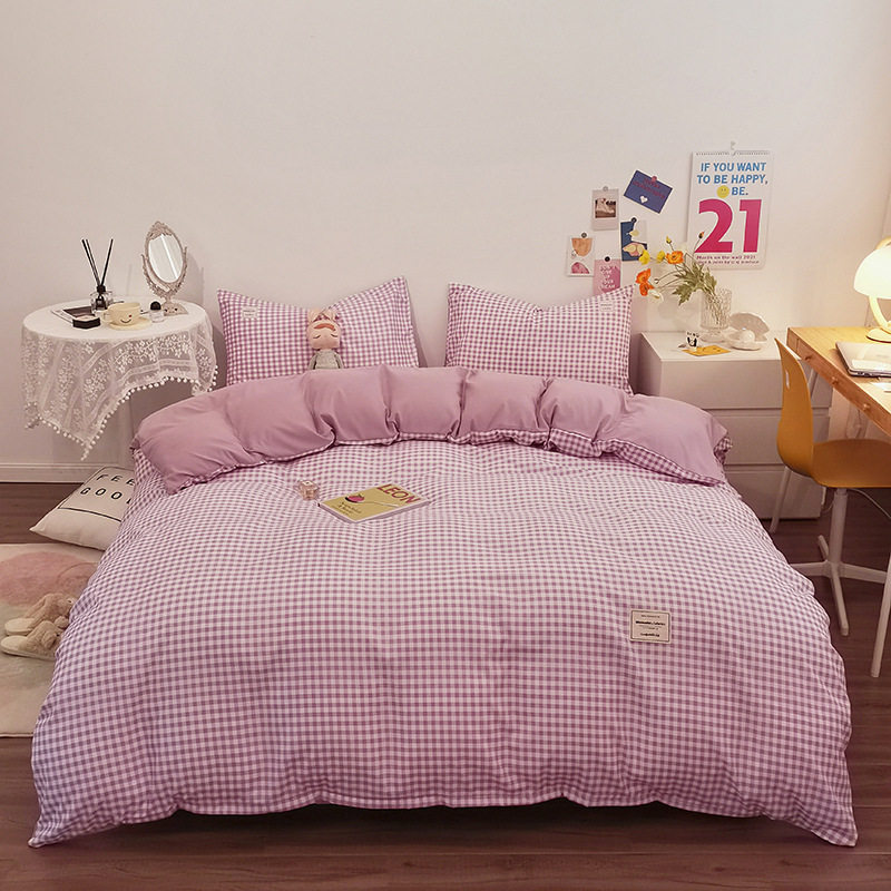 Japanese style unprinted wind water washed cotton sanding bed four-piece set student dormitory bed sheet quilt cover three-piece set wholesale