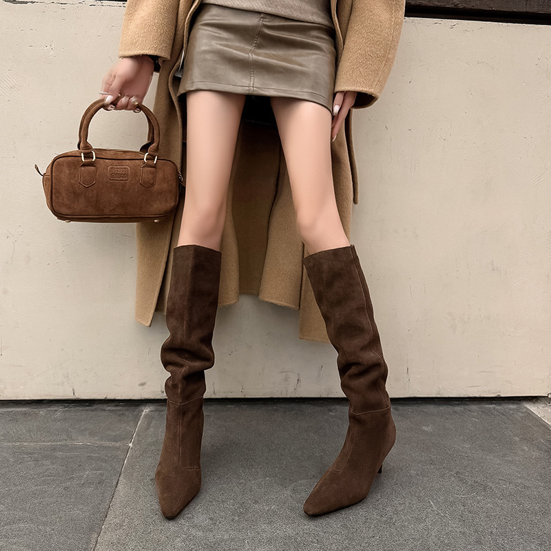 Boot nữ cổ cao mũi nhọn gót nhọn 6.5cm da lộn bò — Lớp lót đơn màu nâu, Lớp lót đơn màu xám, Lót nhung màu nâu, Lót nhung màu xám