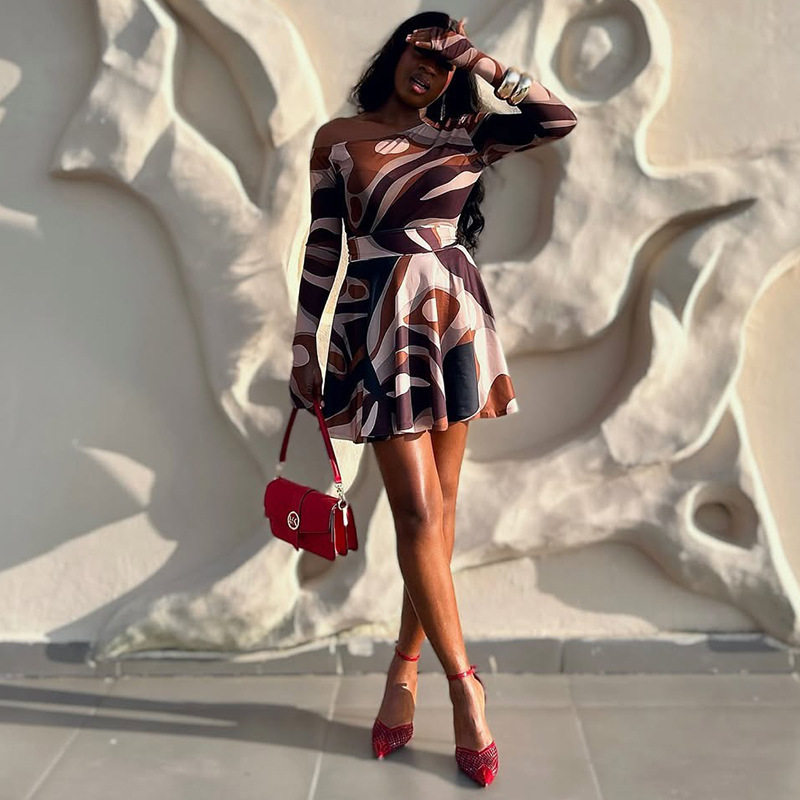 Printed Color Block A Line Dress Slim Fit Off Shoulder Neckline Raglan Sleeves Casual or Party Wear Wholesale