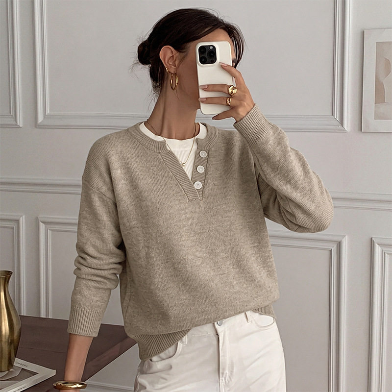 Knit Sweater Simple Korean Style Half Button Design Lightweight Fabric Casual Wear for Women OEM Available
