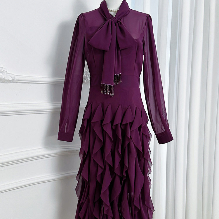 French Elegant Long Sleeve Dress with Bow Tie Ruffled Hem Waist Cinching Design Autumn Fashion for Women Wholesale