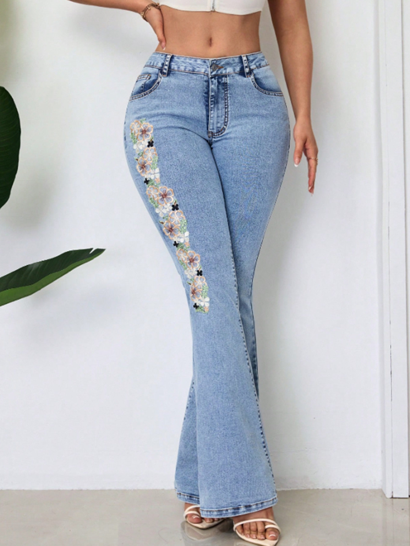 High Waisted Flared Jeans Embroidered Vintage Style Trendy Design Casual Wear for Women Ready to Ship