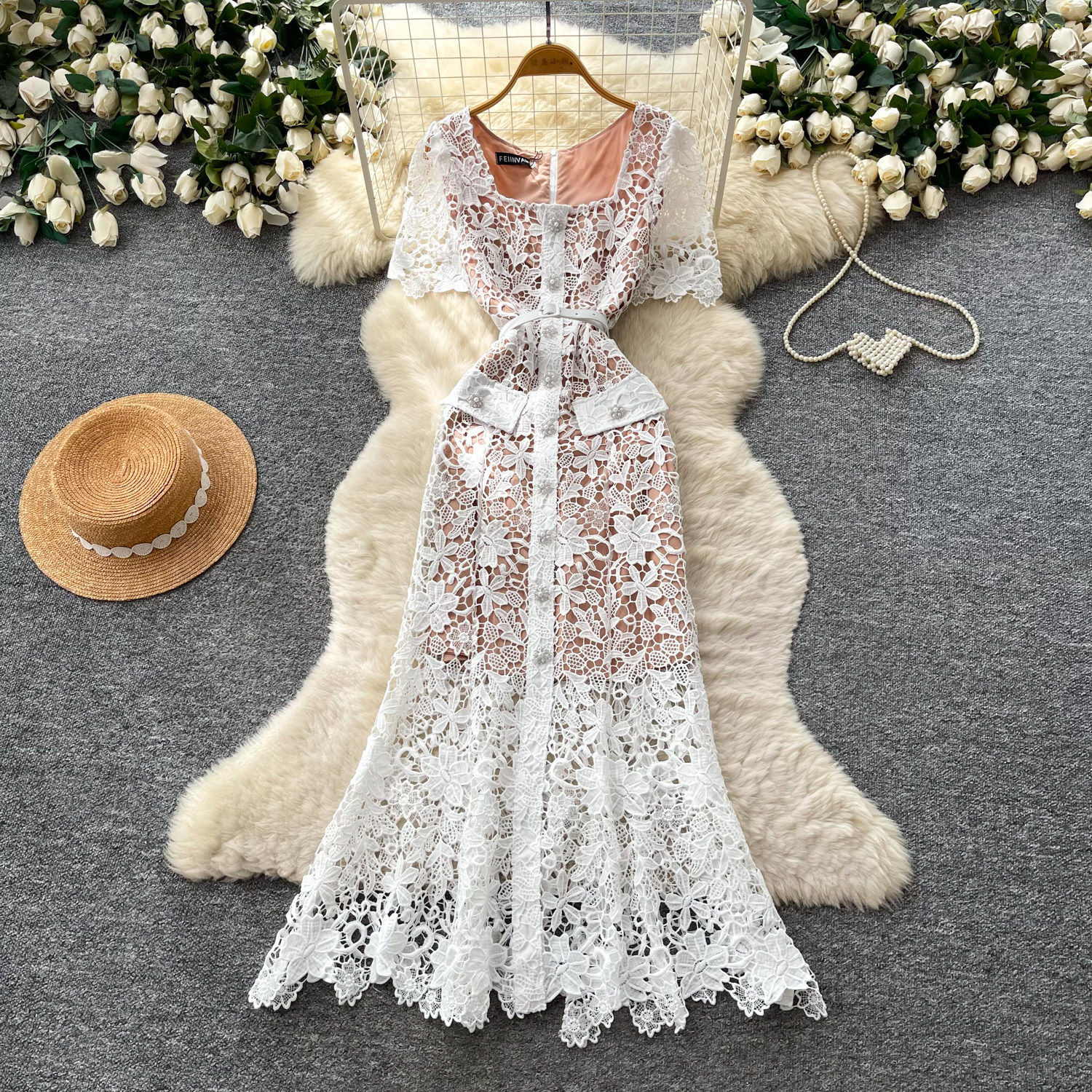 French Elegant Lace Hollow Out Maxi Dress for Women Summer Slim Fit Pink Office Wear Comfortable Fabric Wholesale