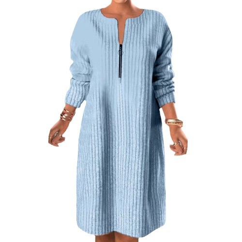 Casual Long Sleeve Sweater Dress Solid Color Zipper Detail Comfortable Fit Winter Fashion for Women OEM Available