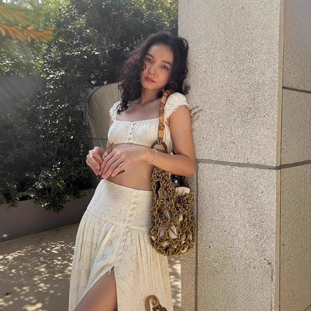 French Style Crop Top and High Waisted Skirt Set Slim Fit Sleeveless Beach Vacation Ready Wholesale Available