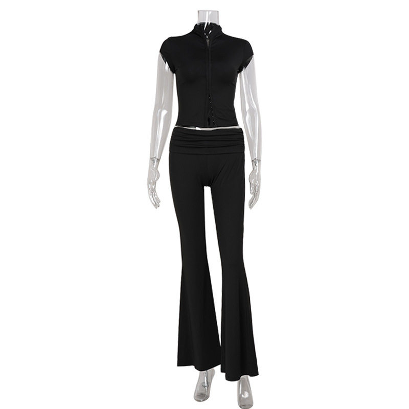 Slim Fit Solid Color Half High Neck Short Sleeve Top with Low Waist Flare Pants Trendy Two Piece Set for Casual Outings