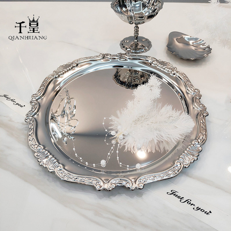 French Style Stainless Steel 304 Fruit Snack Dessert Table Cake Plate Decorative Tray Tea Cup Holder Jewelry Storage Plate