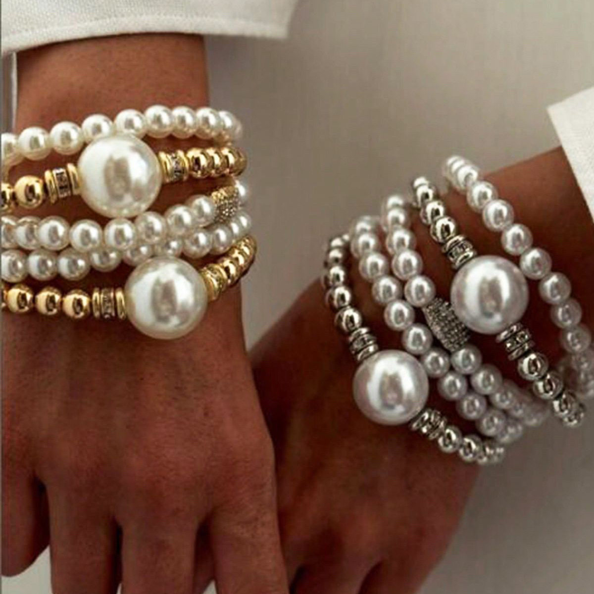 European and American Cross-Border New Fashion Exaggerated Imitation Pearl Ball Bracelet 5-Piece Stackable Creative Hand Jewelry Set