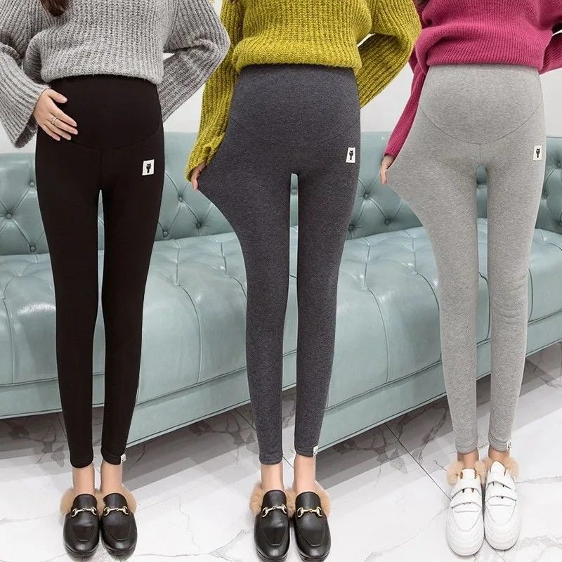 2024 autumn and winter maternity fleece-lined warm pants non-inverted velvet padded outside wear stretch abdominal pants spring and summer leggings