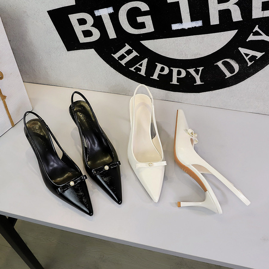 9628-H138 fashionable back strap women's shoes with pointed toe, shallow mouth and bow patent leather hollow stiletto heel