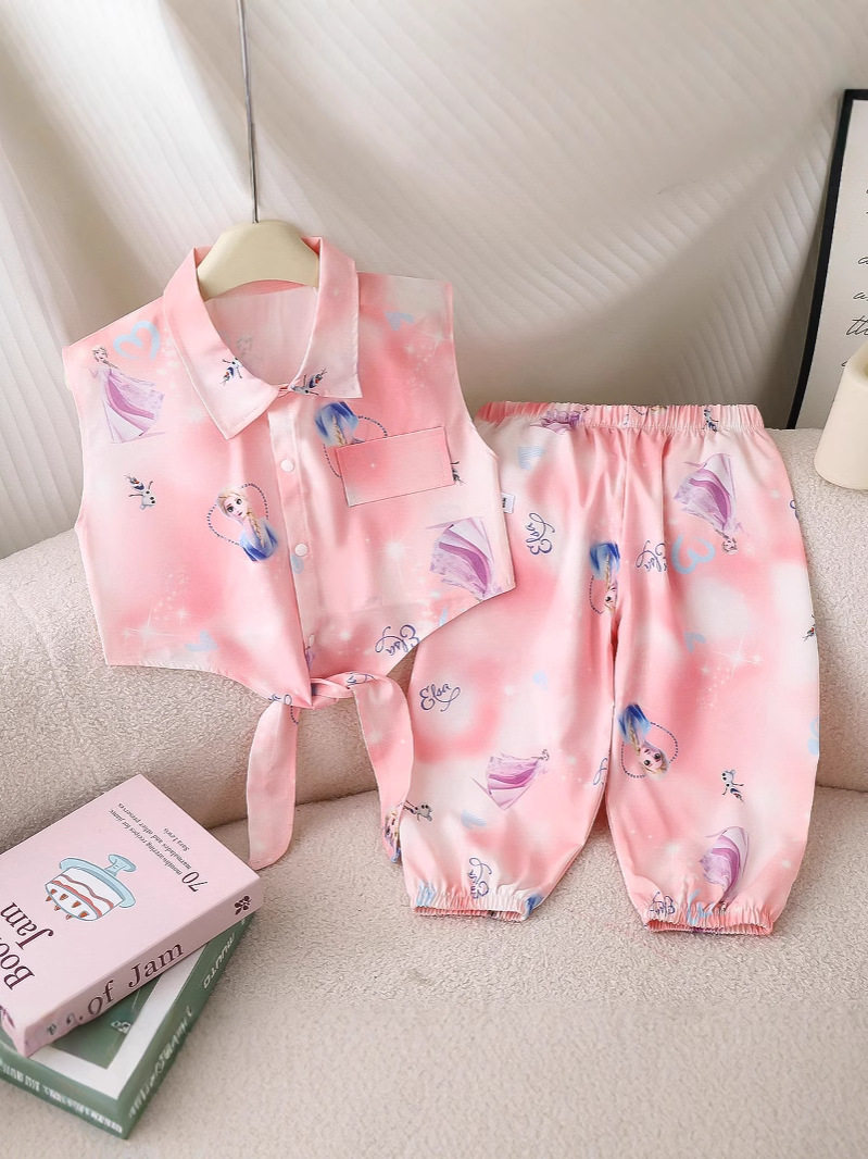 New Girls' Printed Cool Vest Set, Cute Pastoral Style Summer Cool Mosquito-Proof Pants Outfit