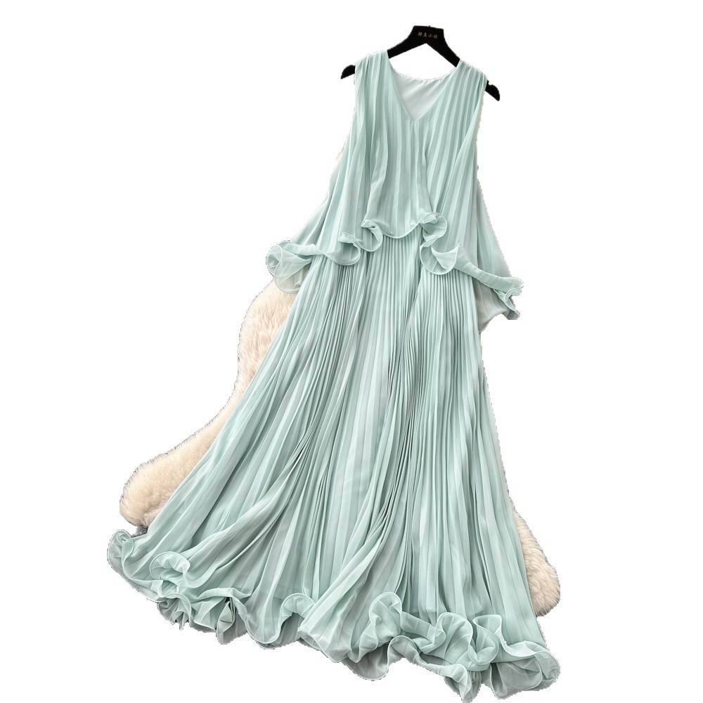 Elegant Mint Green Sleeveless Halter Dress Ruffled Hem Pleated Design Slim Fit Perfect for Early Summer Events