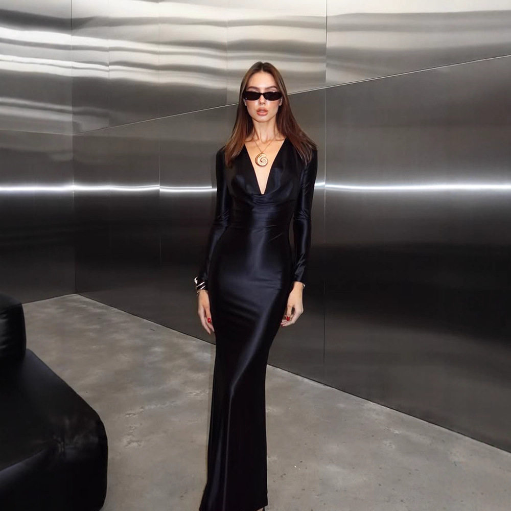 Elegant Solid Color Long Sleeve V Neck Satin Evening Dress Autumn Fashion Perfect for Formal Events Wholesale Available