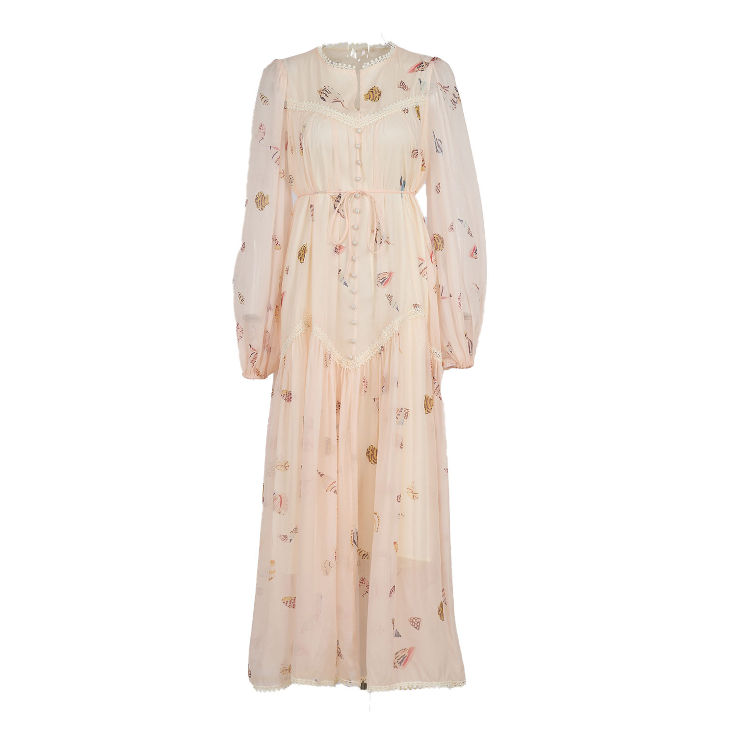Vintage French Style Lace Trimmed Dress Elegant Waist Tie Lantern Sleeves Floral Print Perfect for Formal Events