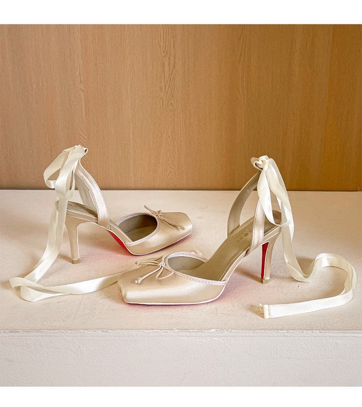 Giày cao gót nữ mũi vuông phong cách ballet, thắt nơ ren quai buộc, đế nhọn mặt satin — màu đen, màu đỏ, Màu tím, Rượu sâm pan