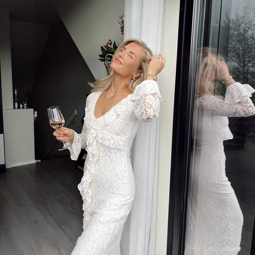 Elegant Womens V Neck Lace Ruffle Bodycon Dress Sophisticated Style for Parties and Events Wholesale Available