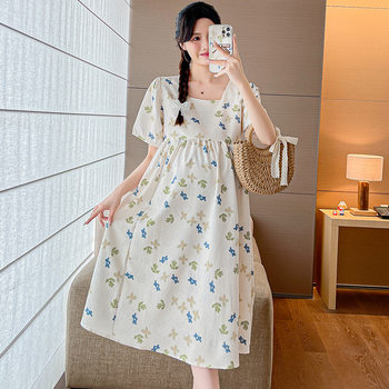 Maternity Summer 2024 New Fashion Small Fresh Floral Dress Pregnant Women Loose plus size Short Sleeve dress suit