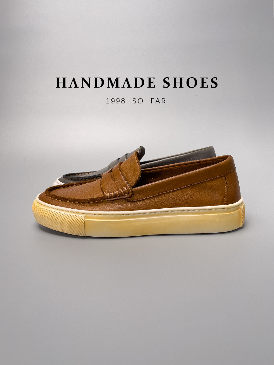 Giày loafer nam da bò thật thủ công kiểu cổ điển — Aima Orange (đánh bóng bằng tay để làm cũ), Màu đen, Chờ sương và mưa (đánh bóng bằng tay), Màu cam