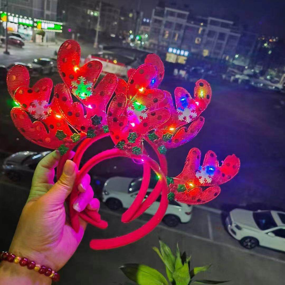 跨境热卖14灯毛毛兔耳朵发光发箍地推金丝羽毛猫耳朵发光头箍玩具