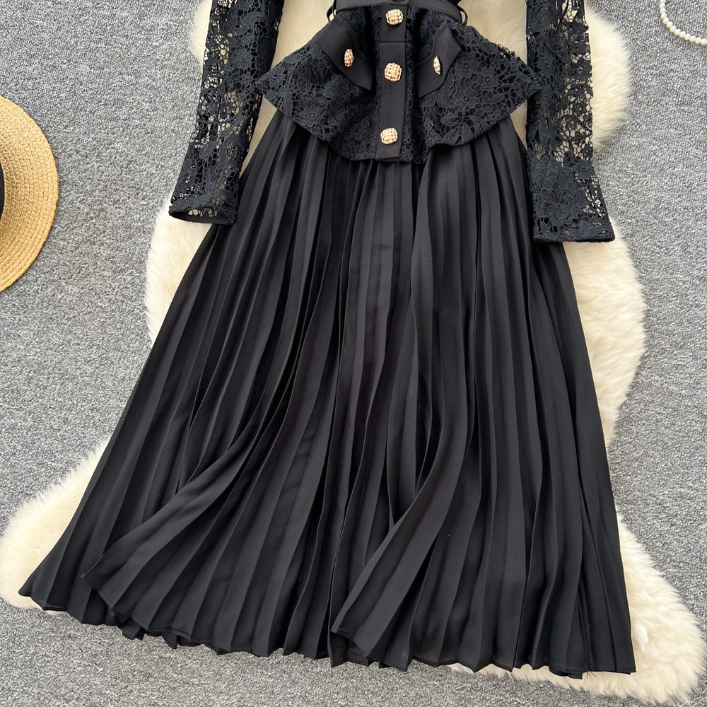 French Style Elegant Lapel Lace Panel Dress with Metal Buttons Waist Defined Pleated Design Autumn Fashion for Women
