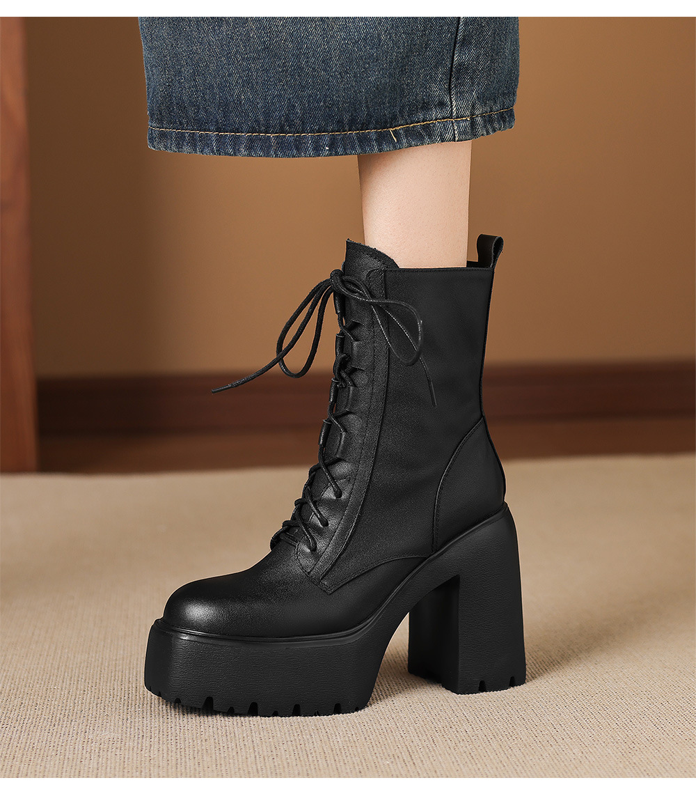 Boot nữ cổ ngắn da bò thật gót thô 12cm phong cách Anh Quốc — Lớp lót đơn màu đen, Lót nhung đen