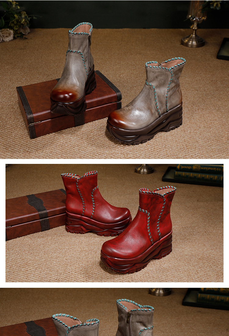 Boot nữ cổ thấp da bò thật đế dày phối màu phong cách cổ điển — màu xám, Rượu vang đỏ