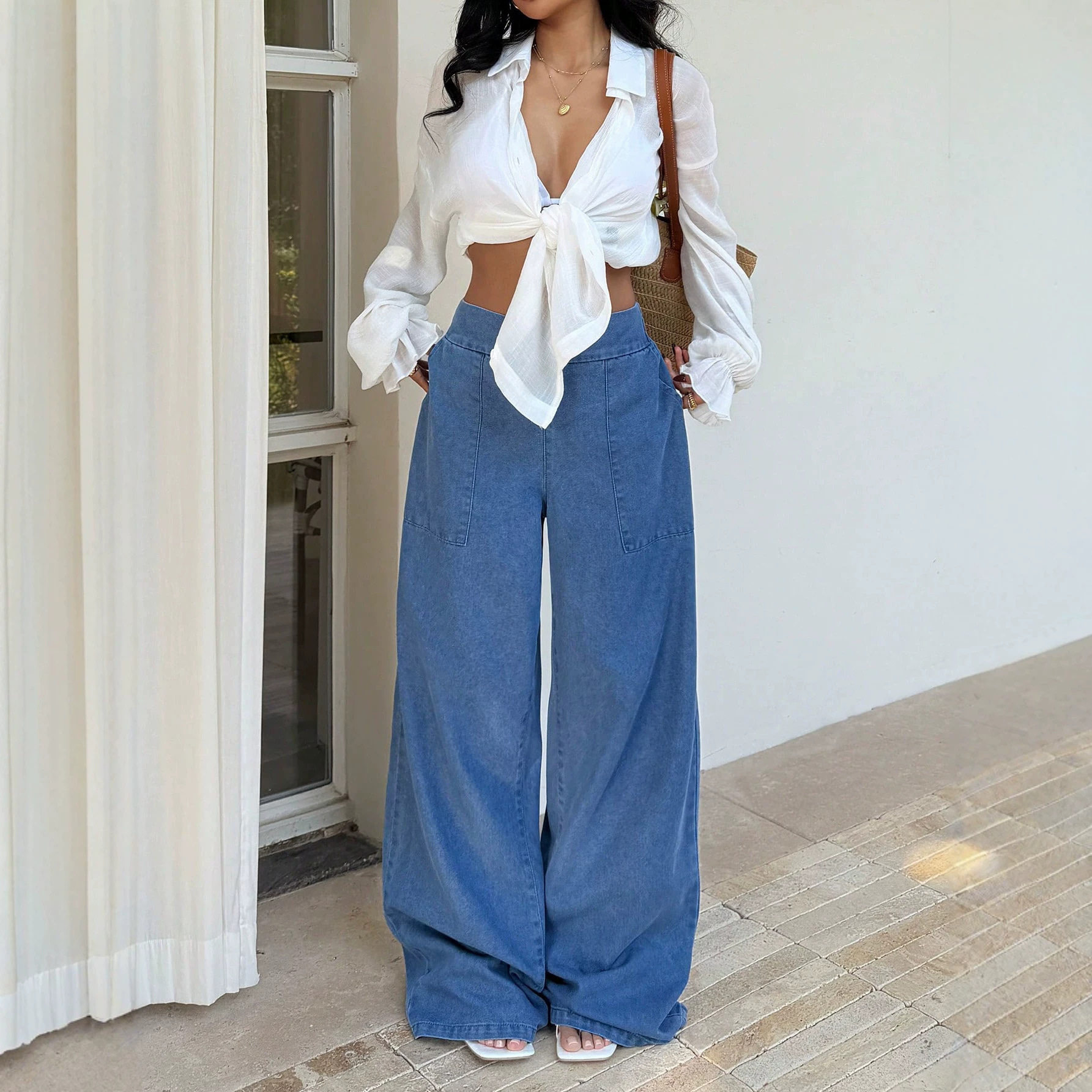 Wide Leg Womens Denim Jeans Casual Style Fashionable Design Comfortable Fit Wholesale Available