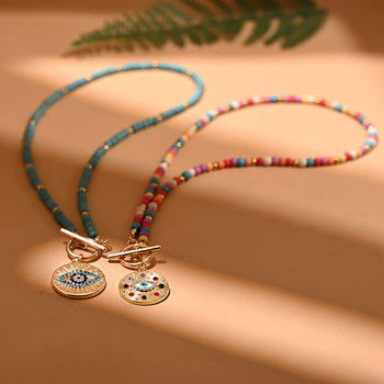 Colorful Artificial Turquoise Necklace Female Eye Devil Pendant Necklace Retro Cross-Border Clavicle Chain Jewelry Beaded Niche