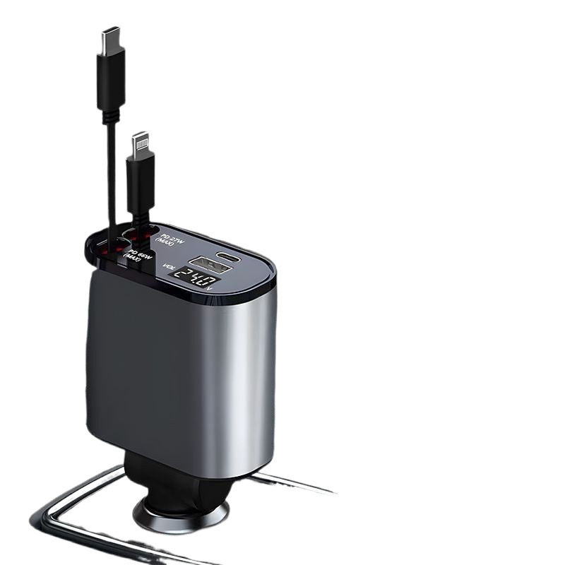 2025 New Super Fast Charging Car Charger Four-In-One Comes with Retractable Android Apple Cable Universal Multi-Function