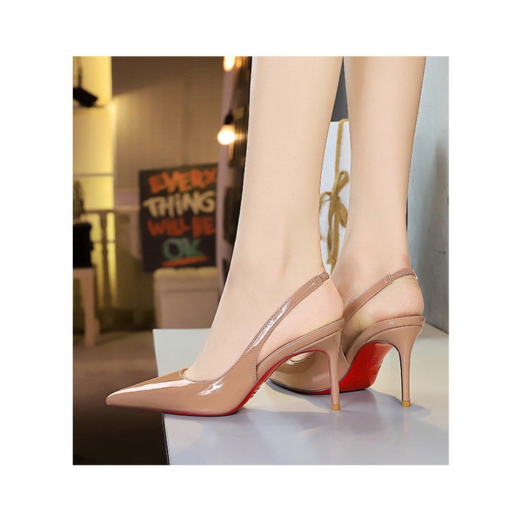 Giày cao gót nữ mũi nhọn da bóng phối quai sau thanh lịch — màu đen, Màu đỏ rượu, Màu kaki, Màu nude