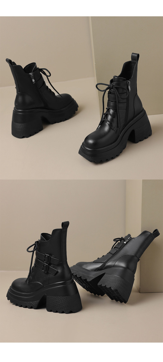 Boot nữ gót dày 10cm cổ thấp da bò thật, đế cao su chống trượt, khóa kéo bên — Lớp lót đơn màu be, Lớp lót đơn màu đen, Lớp lót nhung đen, Lớp lót nhung màu be