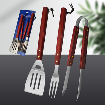 Outdoor BBQ barbecue tools suit large 420 stainless steel wooden handle barbecue fork shovel clip three-piece set manufacturers in stock
