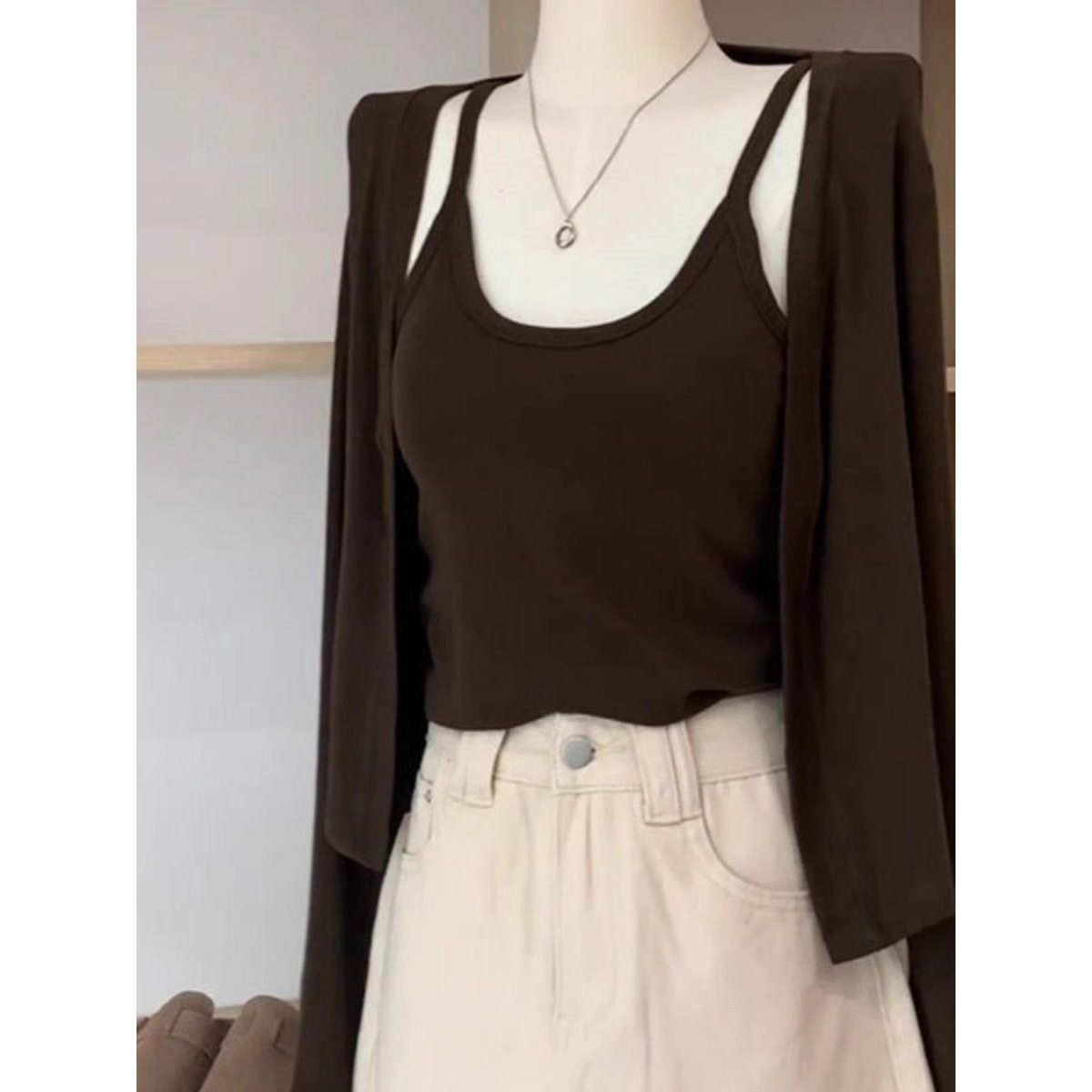 Modal Cotton Spring Sleeveless Suspender Cardigan Two-Piece Suit for Women Slimming Look Shawl Long-Sleeved Slim Top Outer Wear