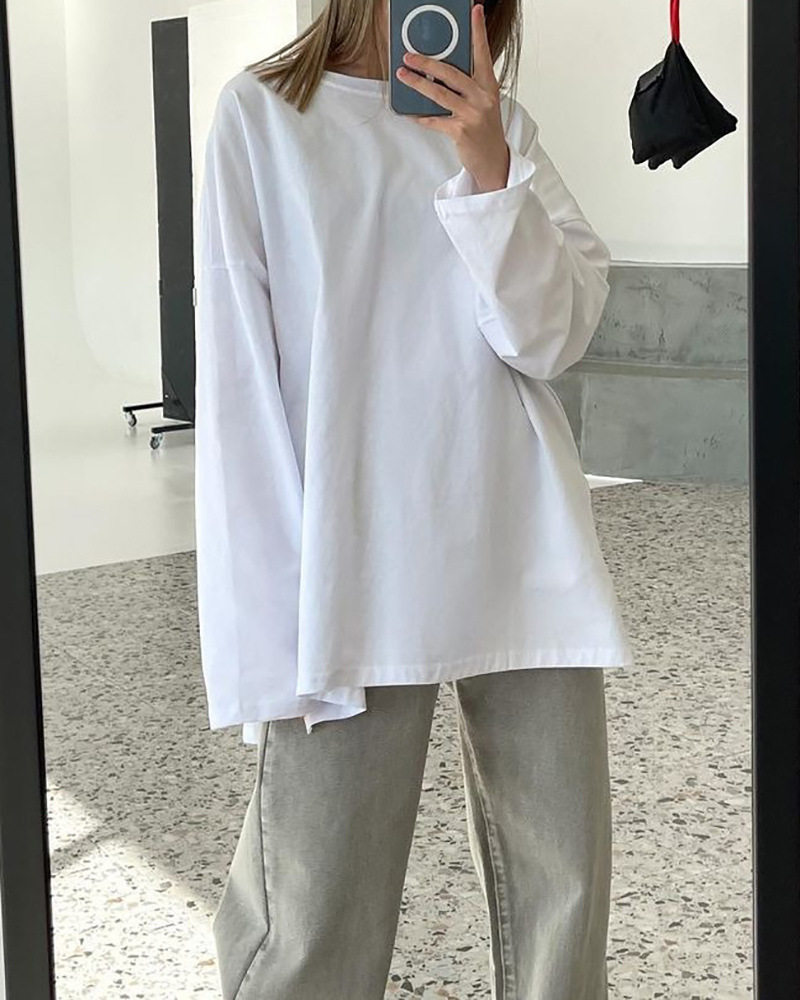 Loose Fit Long Sleeve Split T Shirt for Women 100 Cotton Solid Color Casual Style Spring Summer Collection