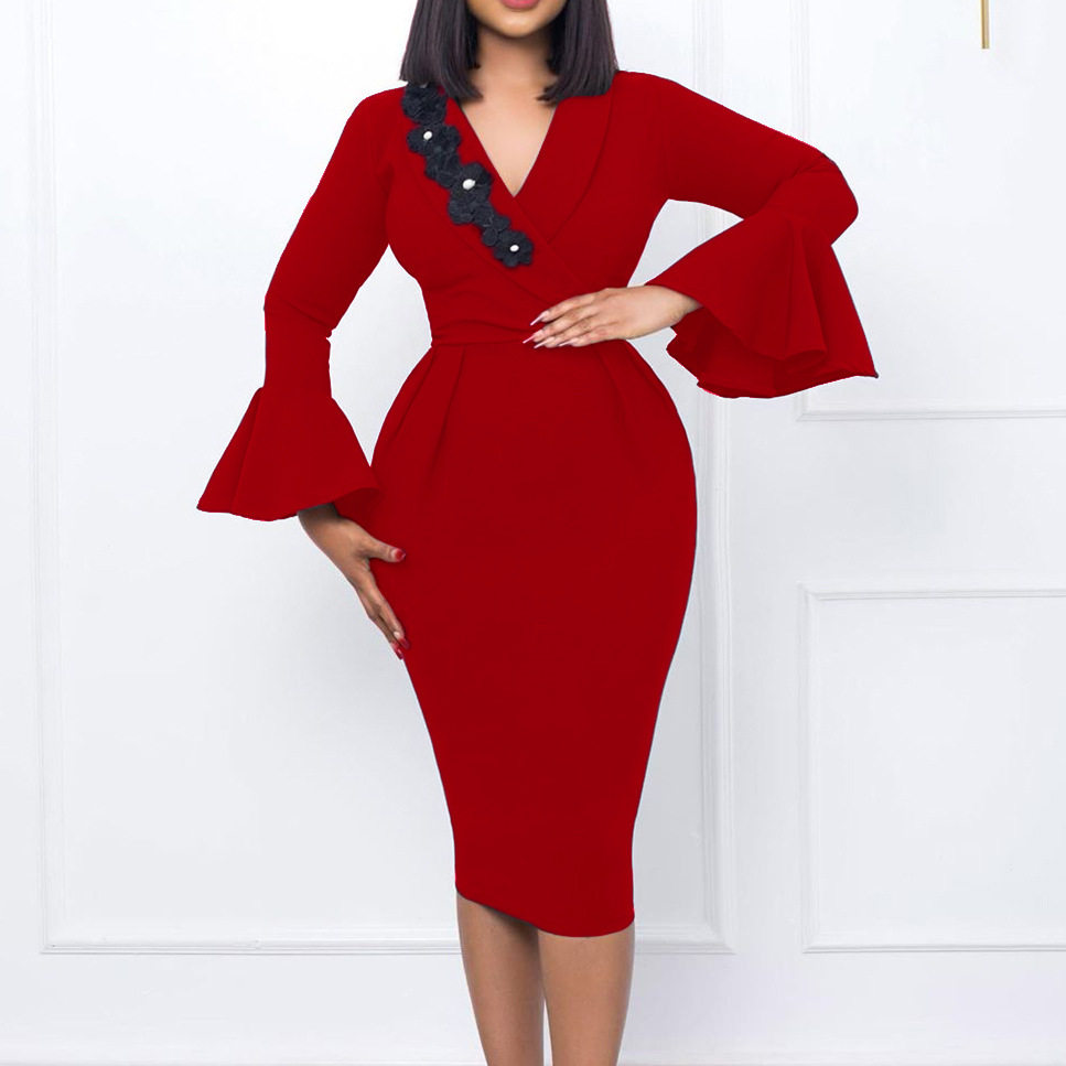 Elegant V Neck Bodycon Dress Bell Sleeves Split Hem Autumn Winter Style Wholesale Womens Fashion Apparel