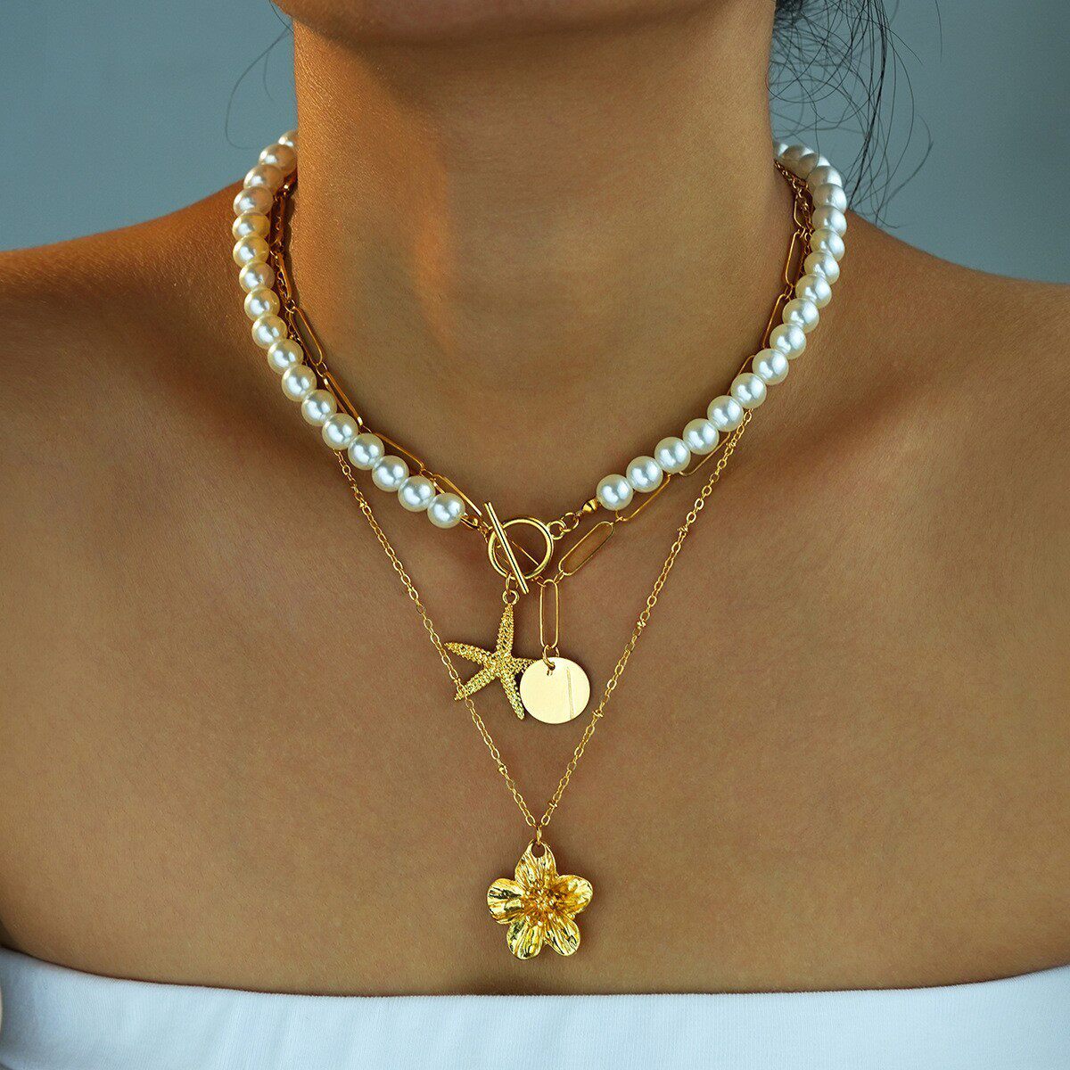 镶嵌彩钻爱心吊坠流苏项链四件套装百搭小众轻奢气质项饰叠戴锁骨