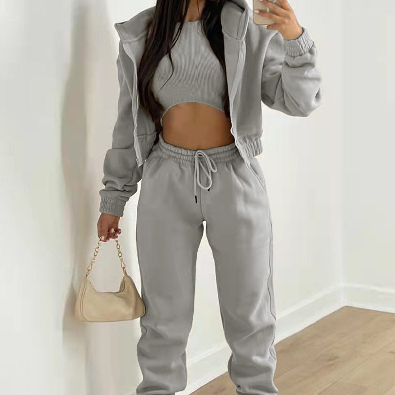 Womens Casual Sports Hoodie and Long Pants Set Solid Color Spring Collection Comfortable Fit Wholesale Available