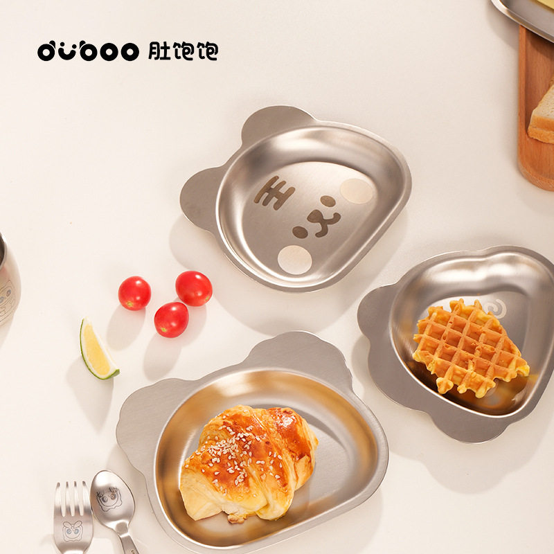 304 Stainless Steel Kidsren's Small Dinner Plate Cartoon Animal Cute Bear Tiger Fruit Plate Baby Rice Plate with Suction Cup